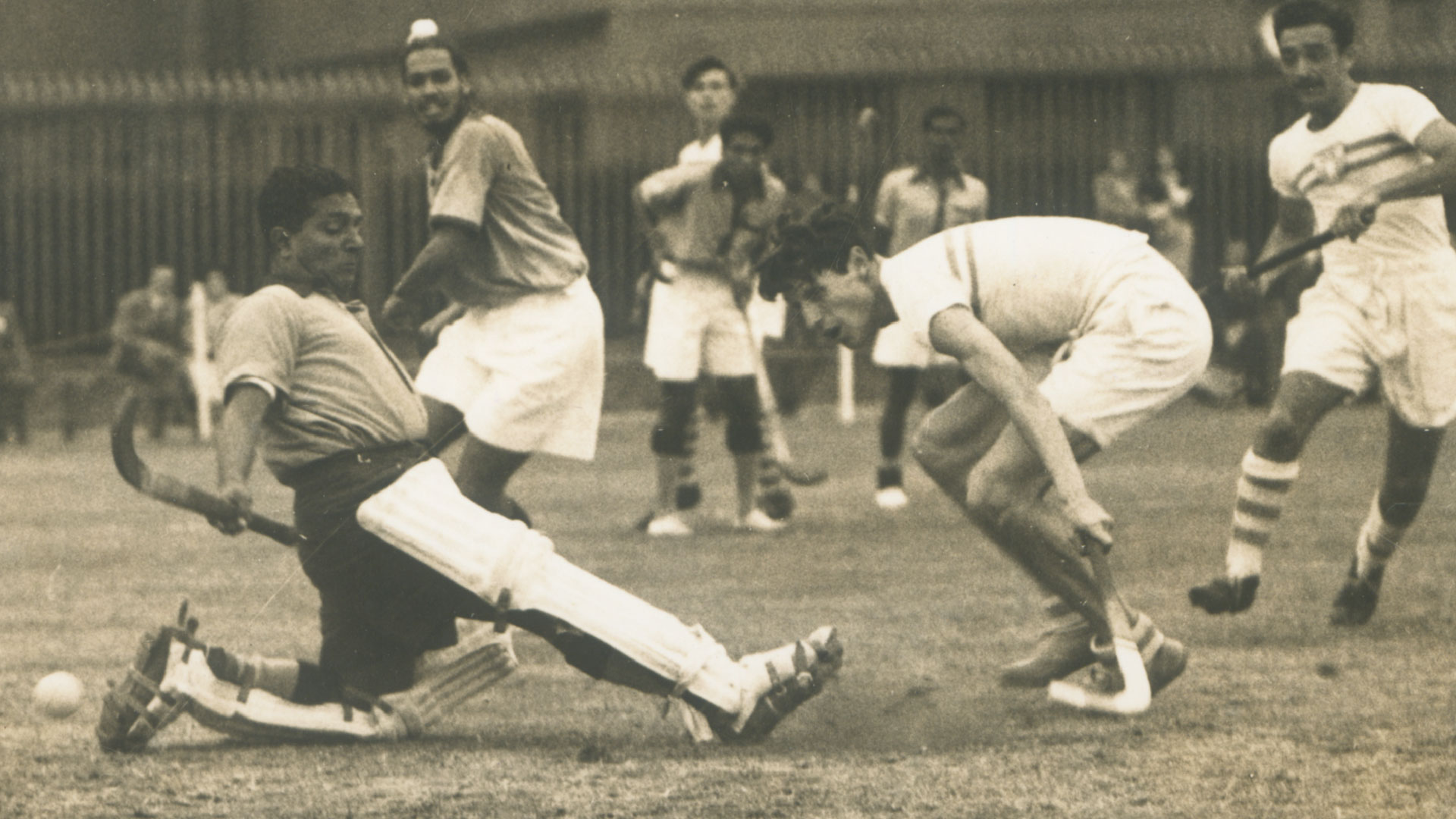 A photo of Leo Pinto, a Hockey stalwart of Tata Sports Club saving a goal