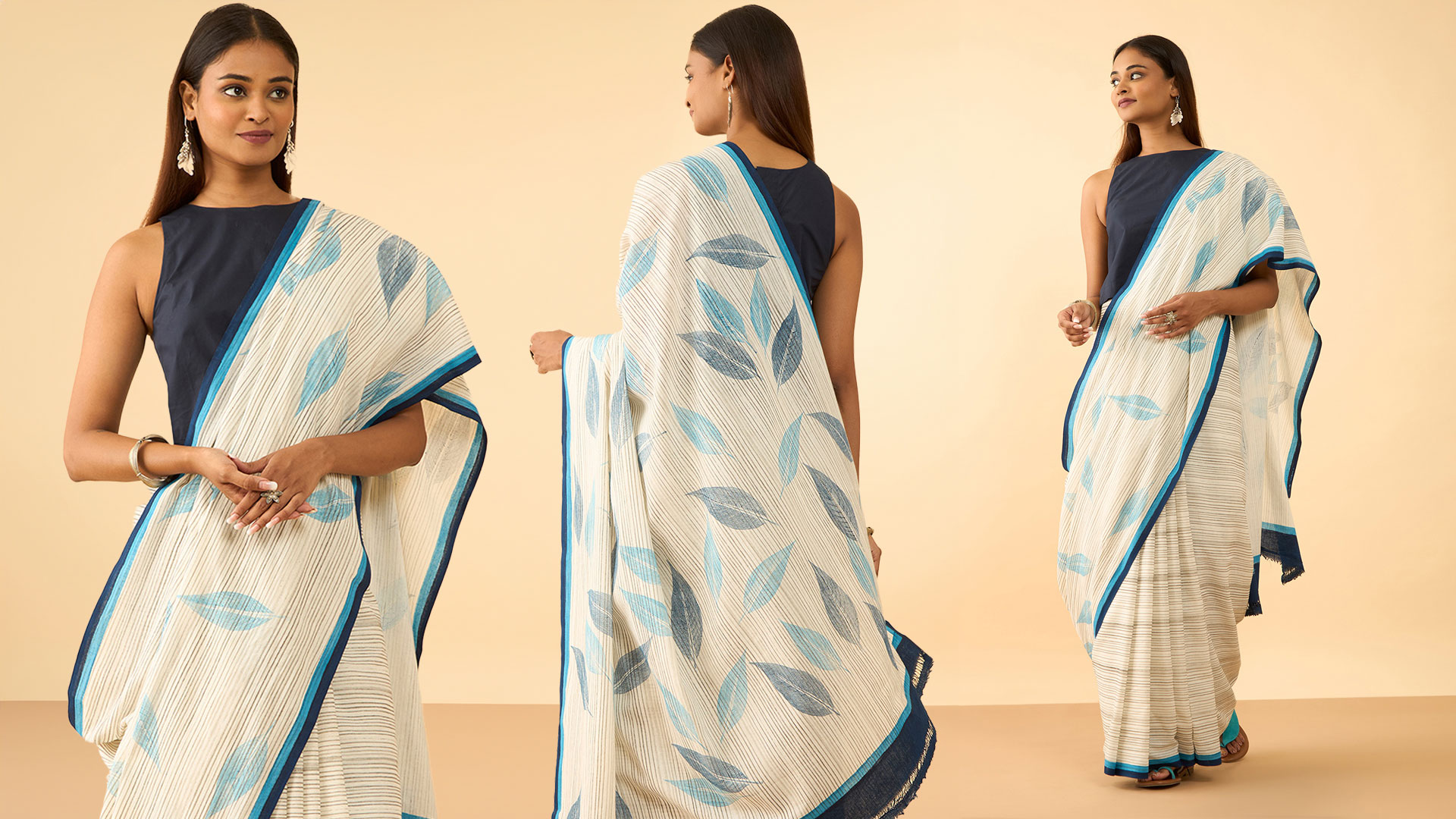 Khadi saree wtih blue and black border adds a certain flair to this saree. 