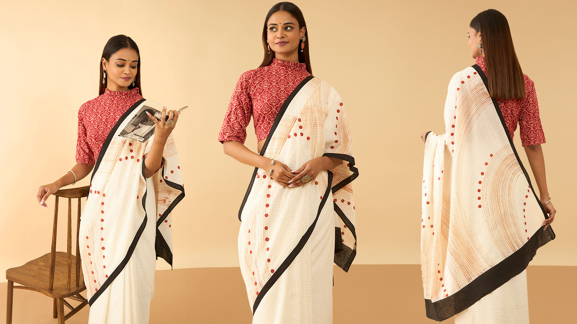 Khadi with black border and light orange patterns